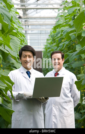 Gli scienziati stanno svolgendo attività di ricerca in una moderna azienda agricola Foto Stock