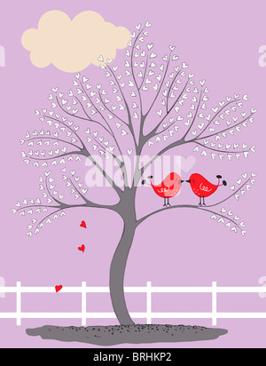 Illustrazione di uccelli in un albero di baciare Foto Stock