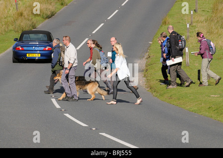 Gruppo di persone che attraversano la strada per escursionisti e turisti nel Parco Nazionale di Dartmoor nel Devon England Regno Unito Foto Stock