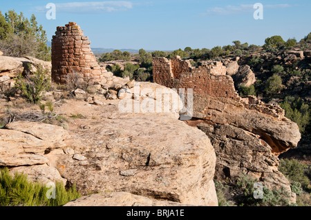 Punto di torre ruderi, torre quadrata, unità di poco la rovina Canyon, Hovenweep National Monument a est di Blanding, Utah. Foto Stock