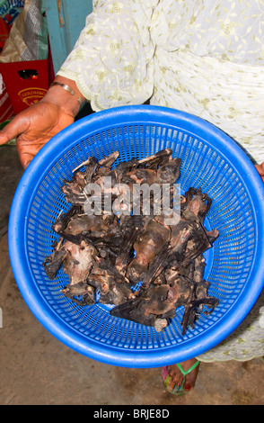 Carne di animali selvatici: Pipipistrello di frutta africano parzialmente cotto (Eidolon helvum) in un ristorante rurale sulla strada. Stato Ondo, Nigeria Foto Stock