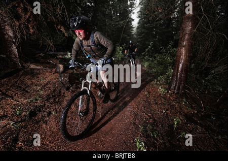 I ciclisti di montagna corsa attraverso la pioggia su un sentiero vicino a Salt Lake City, UT. Foto Stock