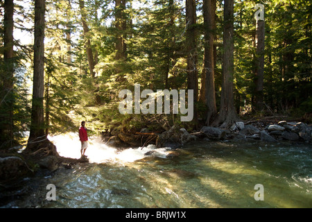 Un giovane uomo di escursionismo sorge su una roccia e orologi il flusso di fiume della foresta. Foto Stock