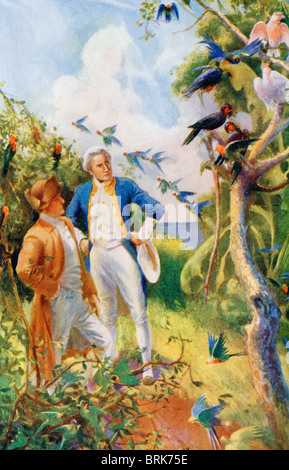 Il capitano James Cook e botanico Joseph Banks esaminando la vita selvaggia e la flora in Botany Bay, Australia. Il capitano James Cook,1728 -1779. Esploratore britannico, navigator, cartografo, e capitano della Royal Navy. Sir Joseph Banks, 1° Baronet, 1743 - 1820. Naturalista inglese, botanico e patrono delle scienze naturali. Foto Stock