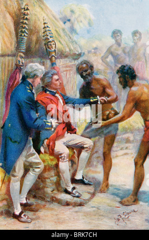 Il capitano James Cook ha ricevuto dai nativi delle Hawaii. Il capitano James Cook,1728 - 1779. Esploratore britannico, navigator, cartografo, e capitano della Royal Navy. Foto Stock