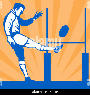 Illustrazione di un giocatore di rugby calci palla al traguardo post in stile retrò Foto Stock