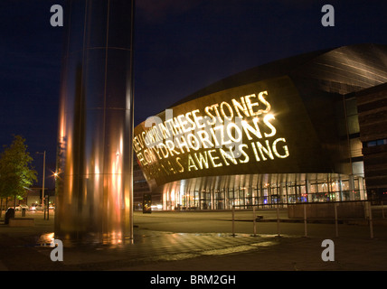 La Baia di Cardiff Glamorgan South Wales UK Millenium Arts Center building e una fontana illuminata di notte Foto Stock