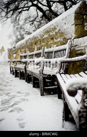 Fila di panchine di legno coperte di neve sulle mura della città, York. REGNO UNITO Foto Stock