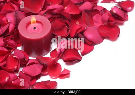 Candela accesa fino nei pressi di petali di rosa Foto Stock