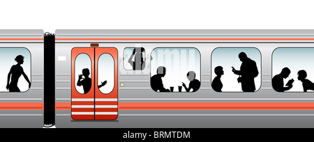 Modificabile illustrazione vettoriale di passeggeri a bordo di un treno Foto Stock