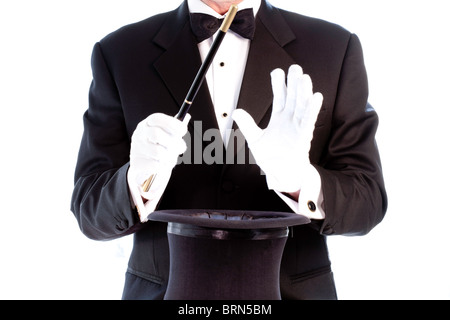 Mago eseguendo con Top Hat ed emulazione penna ottica Foto Stock