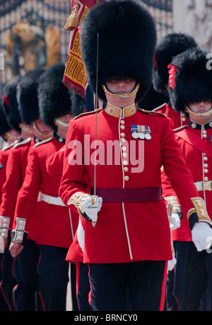 Coldstream guards alle porte di Buckingham Palace di Londra Foto Stock