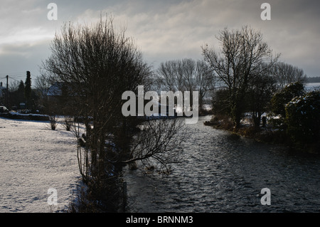 Scene di neve. Fiume Wylye. vicino grande Wishford, Salisbury, Wilts Foto Stock