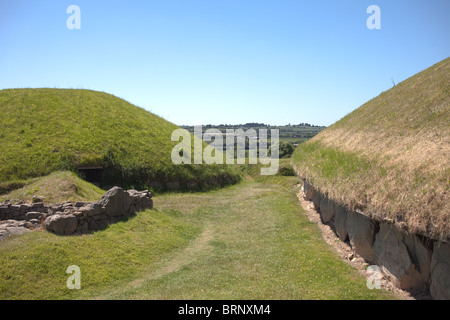 Vista del tumulo principale, Knowth passaggio neolitico grave, Boyne Valley, Irlanda Foto Stock