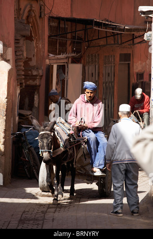 Marrakech: uomo su asino e carrello nel SOUK Foto Stock