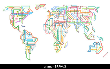 Illustrazione del mondo nello stile di una mappa della metropolitana Foto Stock