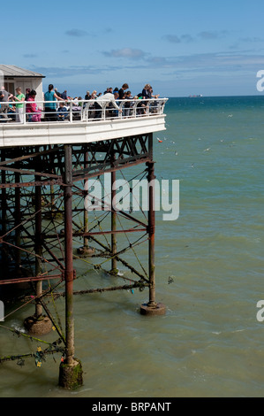I villeggianti pescato granchi e la pesca al fine di Cromer Pier su un giorno di estate in Norfolk, East Anglia, Inghilterra. Foto Stock