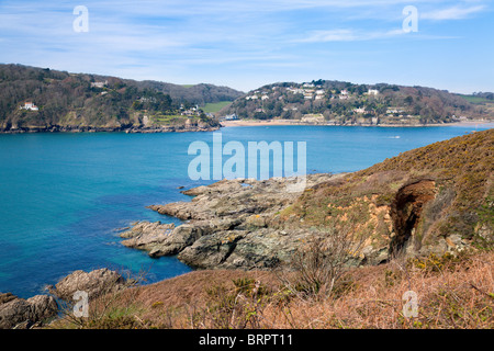 Salcombe Harbour e The Hipples (vicino Rickham Common), East Portlemouth, Devon, Inghilterra, Regno Unito Foto Stock