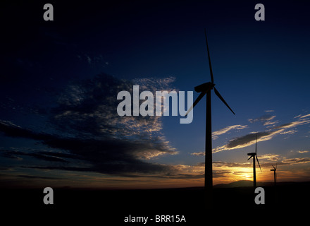 Le turbine eoliche stagliano contro il sun. Foto Stock
