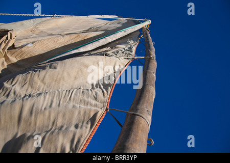 Basso angolo vista del montante e tela vela di un dhow tradizionale o in barca da pesca Foto Stock