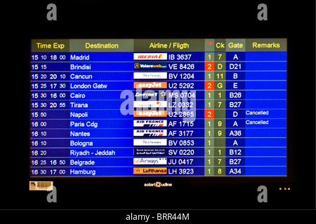Informazioni aeroporto board mostra gli arrivi e le partenze dei voli Foto Stock
