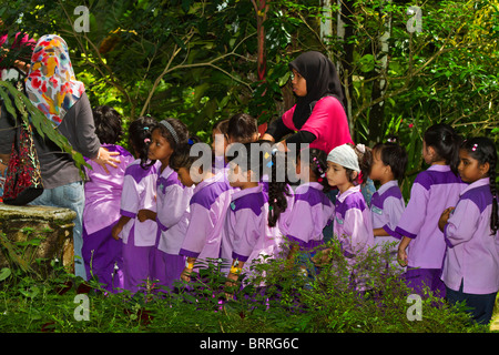 Malaysian scolari in uniforme su una gita al Parco delle Farfalle di Kuala Lumpur. Gli insegnanti sono indossare il hijab. Foto Stock