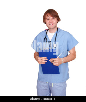 Un uomo medico guy in scrub blu su bianco Foto Stock