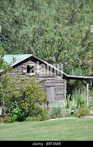 Frontiera-style clapboard house presso il museo a cielo aperto in Dallas Arboretum, Texas, Stati Uniti d'America Foto Stock