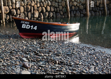 Una piccola barca a remi ormeggiate in Clovelly Harbour Foto Stock