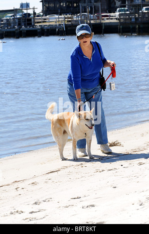 Donna cane a camminare sulla spiaggia. Foto Stock