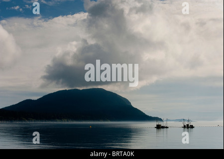 Commerciale di salmone Reefnet barche da pesca off Lummi Island, Washington, nel nord-ovest del Pacifico. Foto Stock