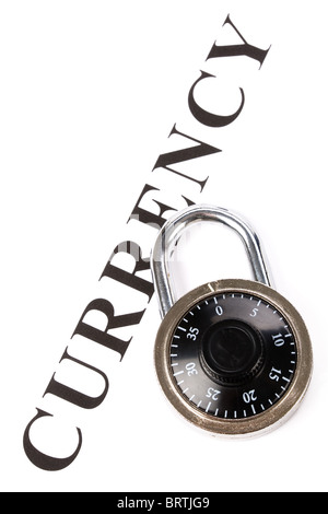 Valuta il titolo e la serratura e concetto di protezione finanziaria Foto Stock