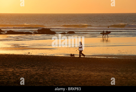 Surfer e dog walker Porthtowan sulla spiaggia al tramonto, North Cornwall coast, Inghilterra, Regno Unito. Foto Stock