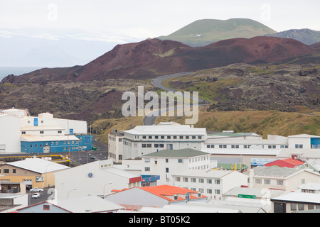 Il vulcano che distrusse quasi città di Heimaey, Isole Westman, Islanda Foto Stock