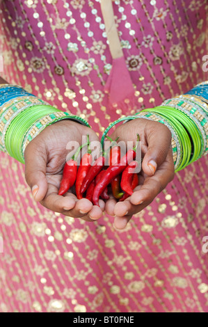 Indian ragazza con peperoncino rosso in mani a tazza Foto Stock