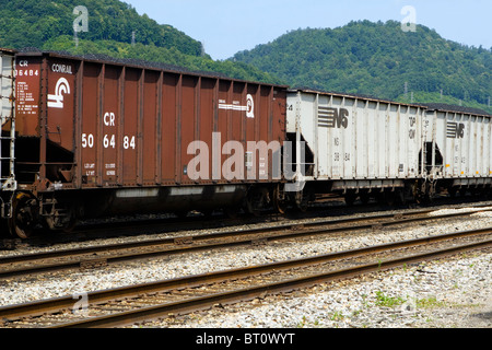 Una fila di ferrovia del carbone di vetture in un cantiere ferroviario in West Virginia, Stati Uniti d'America. Foto Stock