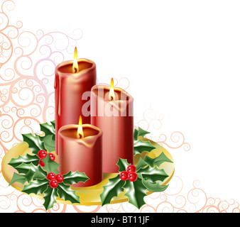 Natale candele e holly con un abstract sfondo festivo Foto Stock