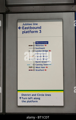 Jubilee Line pannelli informativi, a Westminster stazione della metropolitana Foto Stock