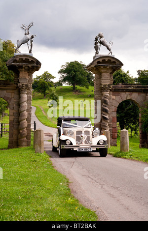 Un classico bianco auto nozze entra nel terreno di un inglese maestosa casa per un matrimonio. Foto Stock