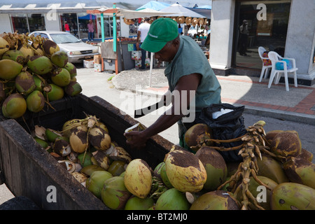 Uomo taglio di noci di cocco per vendere il latte da una carriola, Bridgetown, Barbados Foto Stock