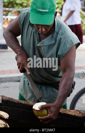 Uomo taglio di noci di cocco per vendere il latte da una carriola, Bridgetown, Barbados Foto Stock