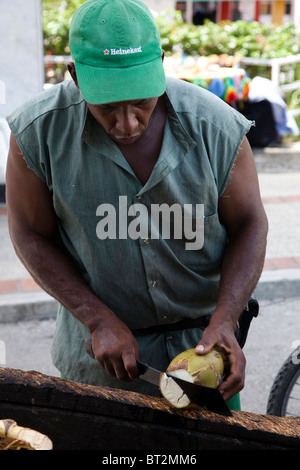 Uomo taglio di noci di cocco per vendere il latte da una carriola, Bridgetown, Barbados Foto Stock