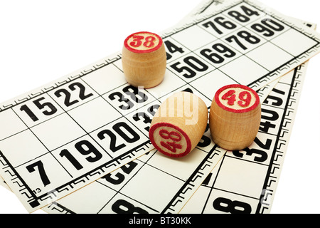 Tre barili di un lotto su una scheda di gioco Foto Stock