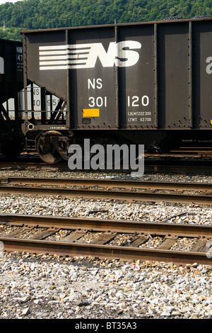 Un close-up del Norfolk Southern railway logo su una gondola del carbone auto in West Virginia railyard. Foto Stock