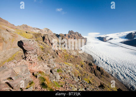 Skaftafellsjokull nel Skaftafell National Park, questo ghiacciaio come tutti i'Islanda i ghiacciai sfuggente è dovuta al cambiamento climatico. Foto Stock