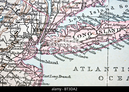 New York Mappa. Mappa di New York. Realizzata a mano in 1881. Foto Stock