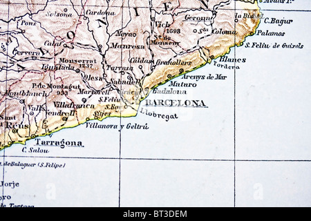 Antica mappa di Barcellona. Realizzata a mano in 1881 Foto Stock