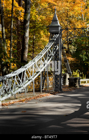 Sospensione in acciaio ponte con colori d'Autunno alberi in background. Foto Stock