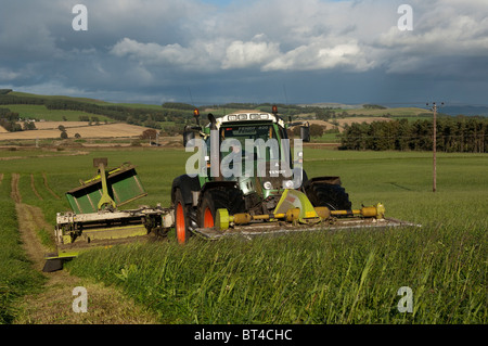 Secondo la falciatura di erba tagliata con falciacondizionatrici montate anteriormente e posteriore su un trattore Fendt. Foto Stock