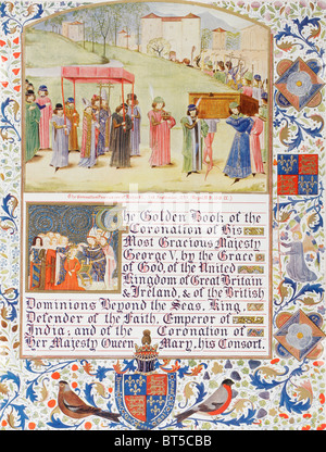 Pagina decorativa del Libro d'oro dell'Incoronazione di Re Giorgio V e della sua consorte Regina Maria. Foto Stock